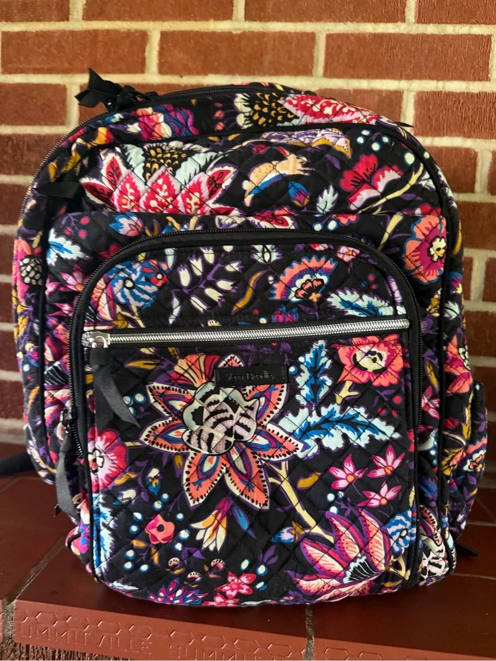 Vera Bradley Black Floral Quilted Backpack with Multicolor Accents